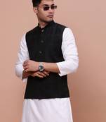 men's printed black slim fit nehru jacket