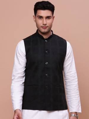 men's printed black slim fit nehru jacket 2