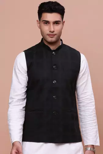 men's printed black slim fit nehru jacket