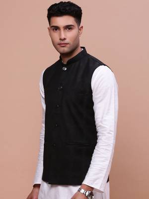 men's printed black slim fit nehru jacket 3