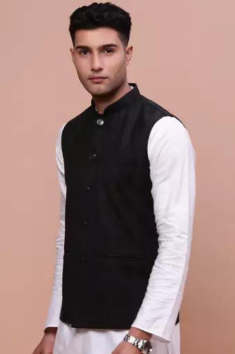 men's printed black slim fit nehru jacket