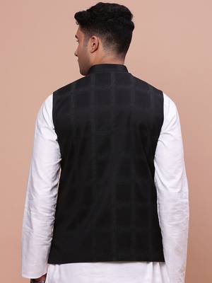 men's printed black slim fit nehru jacket 4