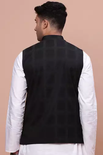 men's printed black slim fit nehru jacket