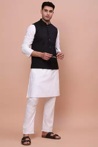 men's printed black slim fit nehru jacket