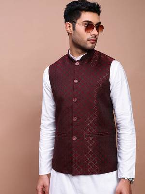 men's woven design maroon slim fit nehru jacket 1
