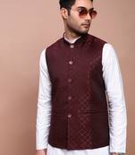 men's woven design maroon slim fit nehru jacket