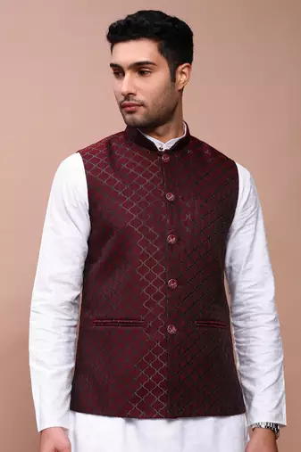 men's woven design maroon slim fit nehru jacket