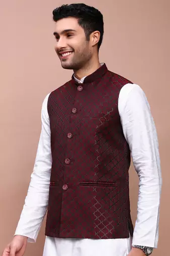 men's woven design maroon slim fit nehru jacket