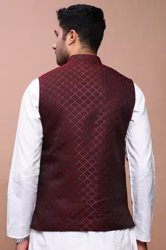 men's woven design maroon slim fit nehru jacket