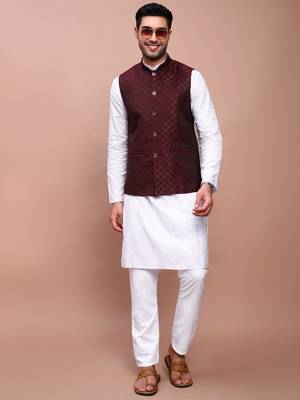 men's woven design maroon slim fit nehru jacket 5