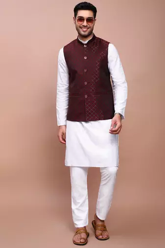 men's woven design maroon slim fit nehru jacket