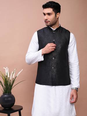men's woven design black slim fit nehru jacket 1