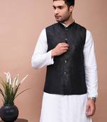 men's woven design black slim fit nehru jacket