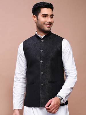 men's woven design black slim fit nehru jacket 2