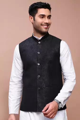 men's woven design black slim fit nehru jacket
