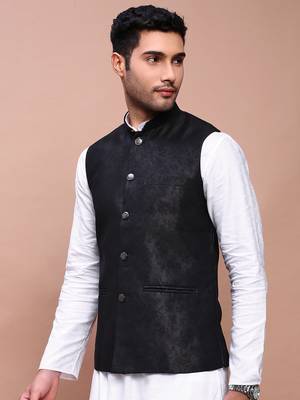 men's woven design black slim fit nehru jacket 3
