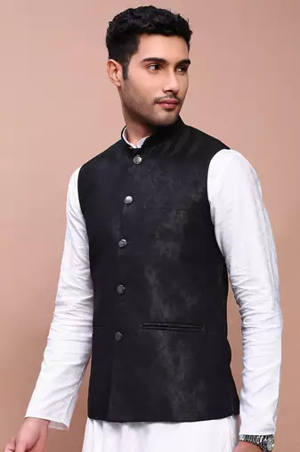 men's woven design black slim fit nehru jacket