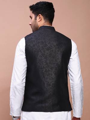 men's woven design black slim fit nehru jacket 4
