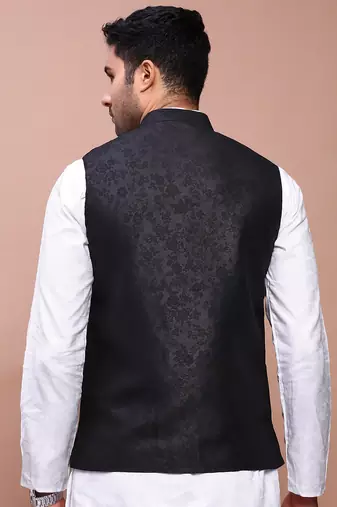 men's woven design black slim fit nehru jacket