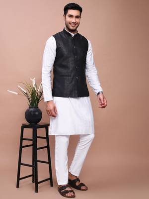 men's woven design black slim fit nehru jacket 5