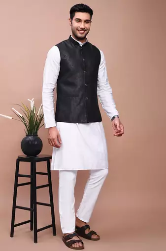 men's woven design black slim fit nehru jacket