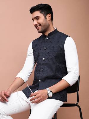 Showoff men's woven design navy blue slim fit nehru jacket 1