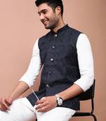 Showoff men's woven design navy blue slim fit nehru jacket