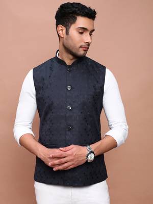 Showoff men's woven design navy blue slim fit nehru jacket 2