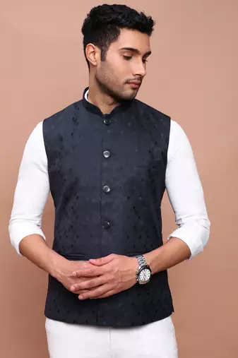 Showoff men's woven design navy blue slim fit nehru jacket