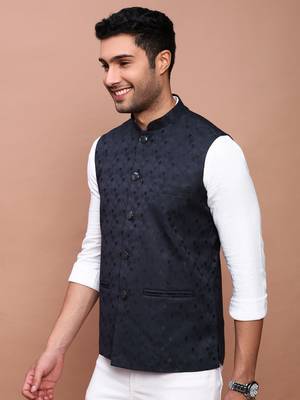 Showoff men's woven design navy blue slim fit nehru jacket 3