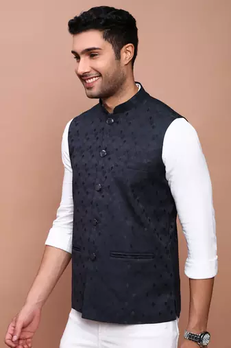 Showoff men's woven design navy blue slim fit nehru jacket