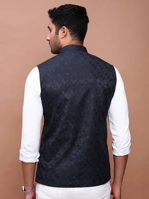 Showoff men's woven design navy blue slim fit nehru jacket 4