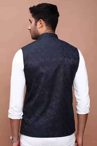 Showoff men's woven design navy blue slim fit nehru jacket