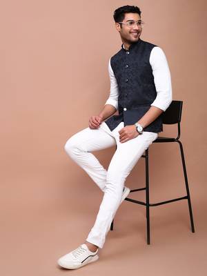 Showoff men's woven design navy blue slim fit nehru jacket 5
