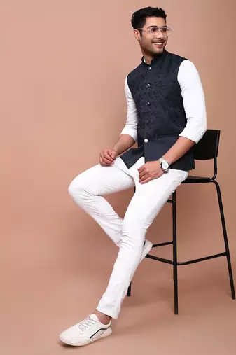 Showoff men's woven design navy blue slim fit nehru jacket