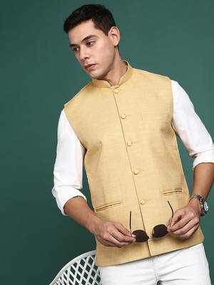 men's solid beige slim fit nehru jacket 1