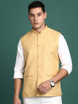men's solid beige slim fit nehru jacket 2