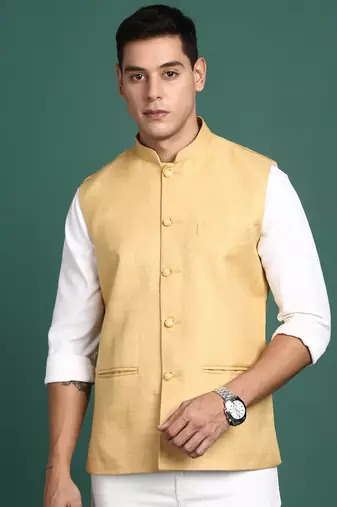 men's solid beige slim fit nehru jacket