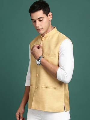 men's solid beige slim fit nehru jacket 3