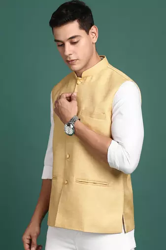 men's solid beige slim fit nehru jacket