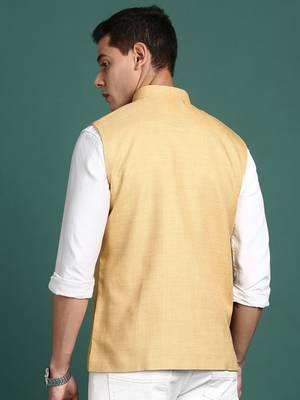 men's solid beige slim fit nehru jacket 4
