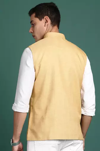 men's solid beige slim fit nehru jacket