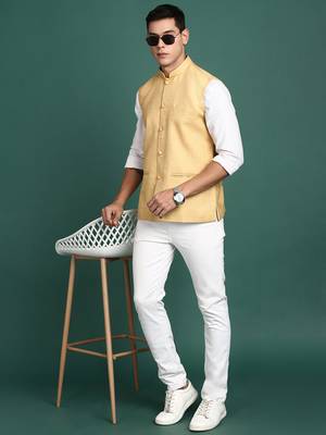 men's solid beige slim fit nehru jacket 5
