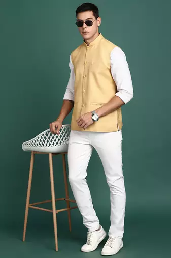 men's solid beige slim fit nehru jacket