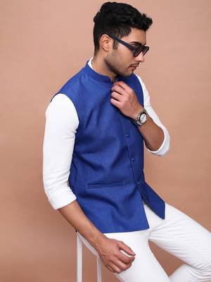 men's solid blue slim fit nehru jacket 1