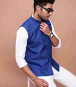 men's solid blue slim fit nehru jacket