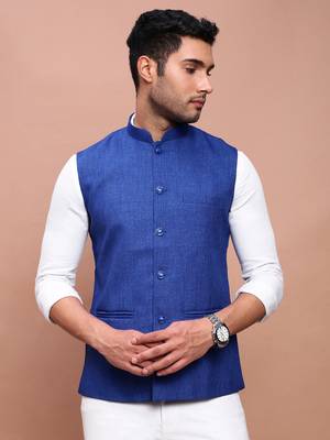 men's solid blue slim fit nehru jacket 2