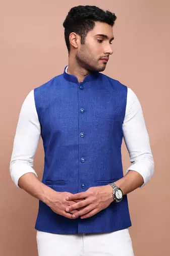 men's solid blue slim fit nehru jacket