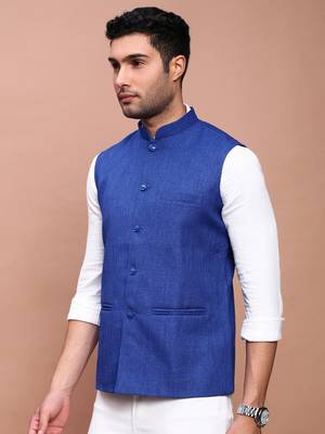 men's solid blue slim fit nehru jacket 3