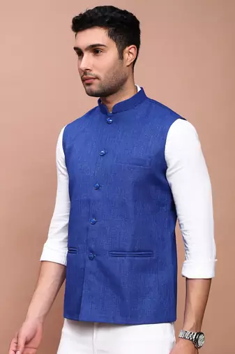 men's solid blue slim fit nehru jacket